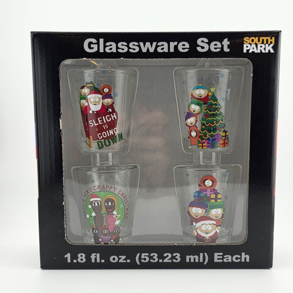 SOUTH PARK Christmas Shot Glass Set‎ (4) 1.8 fl oz ea Cartman, Kyle, Stan, Kenny